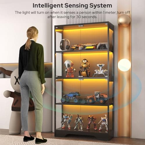 UNIQUITE Display Cabinet with Glass Doors, LED Curio Cabinet with RGB Human Body Sensor Light, 4-Tier Figure Display Case for Collectibles, Tall Bookcase with 4 Shelves, Storage Cabinets, Showcase 6