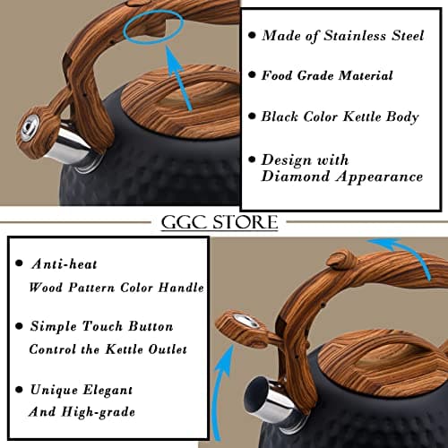 GGC Tea Kettle for Stove Top, Loud Whistling Kettle for Boiling Water Coffee or Milk, 3.1 Quart 3L Heavy Stainless Steel Black Kettle with Wood Pattern Handle, Unique Button Control Kettle Outlet 3