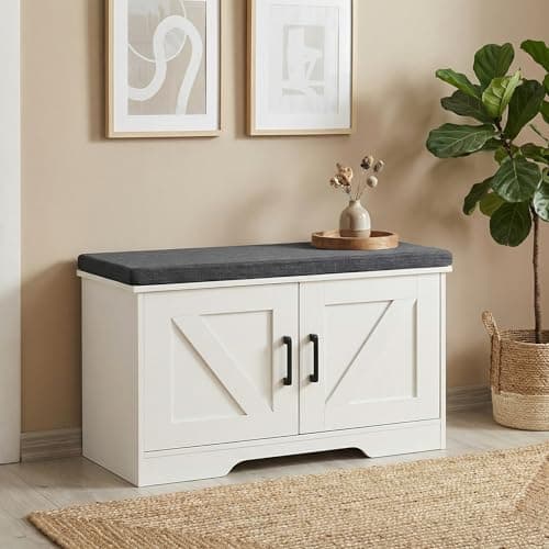 HOMSHO 2-Tier Storage Bench, 27.6" Wide Shoe Bench with Padded Seat Cushion, Entryway Bench with 2 Barn Doors and Adjustable Shelf, White 6