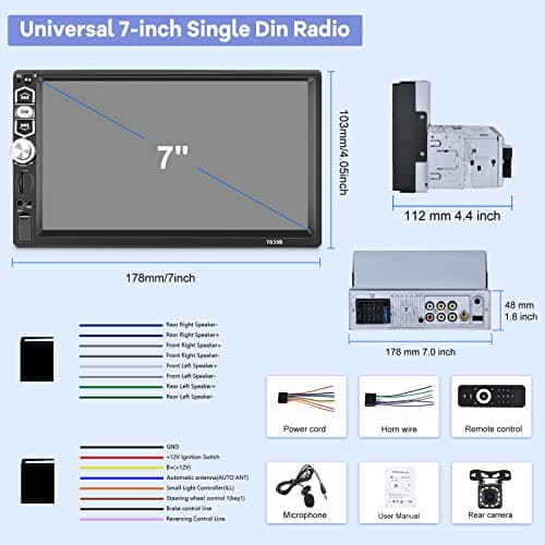 Single Din Car Stereo with Wired Carplay & Android Auto, 7 inch Touch Screen 1 Din Radio, Mirror Link/1080P/Bluetooth/SWC/FM Radio+ Backup Camera+ MIC 6