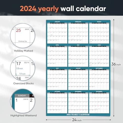 24" x 36" 2024 Wall Calendar Erasable - Rolling Packing - 12 Month Yearly Planner - Wet & Dry Erase Monthly Erasable Calendar January to December Vertical/Horizontal, Erasable & Reusable 5