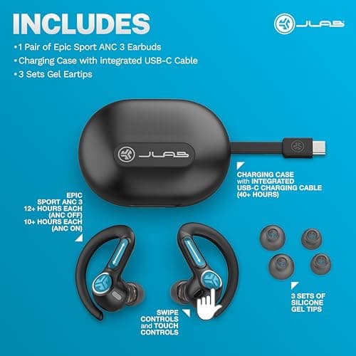 JLab Epic Air Sport ANC 3 True Wireless Bluetooth Earbuds for Active Workout, Hybrid Dual Drivers for Premium Sound, Hi-Res Audio, Spatial Audio, AAC, Sweatproof, 12+ Hours Playtime, Google Fast Pair 7