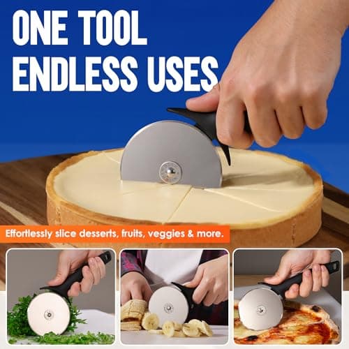 KitchenStar Pizza Cutter Wheel - 304 Stainless Steel Slicer Knife with Super Sharp Blade, Anti-Wobble Axle Mechanism, Ergonomic Non-Slip Handle & Protective Cover, Dishwasher Safe 7