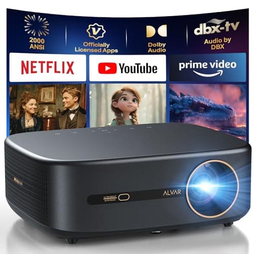 [2000 ANSI/4K Support/DoIby Audio & 50W Speakers] Alvar Smart Projector with WiFi 6 and Bluetooth 5.3, Built in NetfIix App outdoor movie projector, Auto Focus & Keystone, Native 1080P, Black