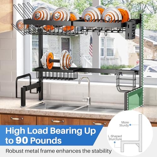 SNTD Over The Sink Dish Drying Rack - Adjustable Dish Rack for Kitchen Counter, Metal (Black) 6