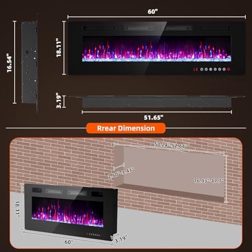 BREEZEHEAT 60 Inch Electric Fireplace Ultra Thin-Freestanding or Recessed Wall Mounted Fireplace Heater, Remote Control, Touch Screen, 750W/1500W, 8H Timer for Living Room, Bedroom, Office 8