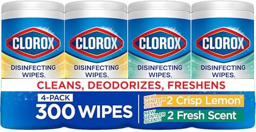 Clorox Disinfecting Cleaning Wipes for Spring Cleaning & Allergy Season, Bleach Free, Fresh Scent and Crisp Lemon, 75 Count Each, Pack of 4