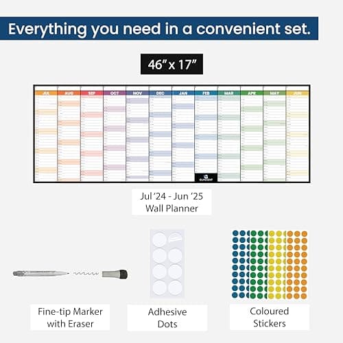 46” x 17” Academic Dry Erase Calendar for Wall 2025-2026 July to June Erasable School Year Laminated Planner with Pens Adhesive Pads & Colored Stickers 5