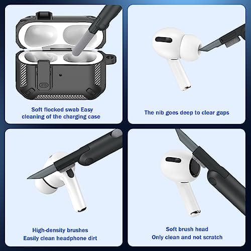 RFUNGUANGO for AirPods Pro Case Cover with Cleaner Kit, Military Hard Shell Protective Armor with Lock for AirPod Pro Charging Case, Front LED Visible,Black 5