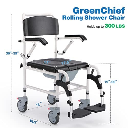 GreenChief Shower Chair with Wheels|Rolling Shower Chair with Drop Arms|Shower Wheelchair Easy Transfer|Bedside Commode Chair|Mobile Potty Chair for Elderly, Disabled, Handicap (300LBS) 5