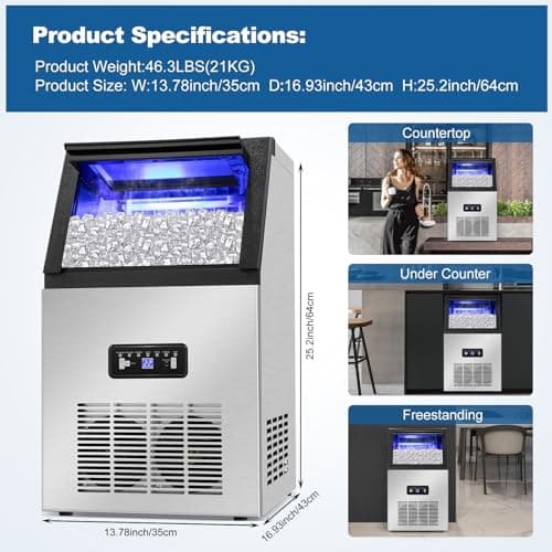 Commercial Ice Maker Machine 130Lbs/24H with 2 Water Inlet Modes, 36Pcs Ice Cubes in 8-15 Mins, Stainless Steel Under Counter/Freestanding Ice Machine with 28Lbs Storage Bin for Home/Shop/Office/Bar 5
