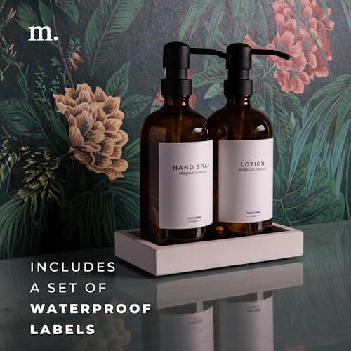 MaisoNovo Soap and Lotion Dispenser Set - Bathroom Soap Dispenser Set with Amber Glass Soap Dispenser, Black Pumps & Concrete Tray 6