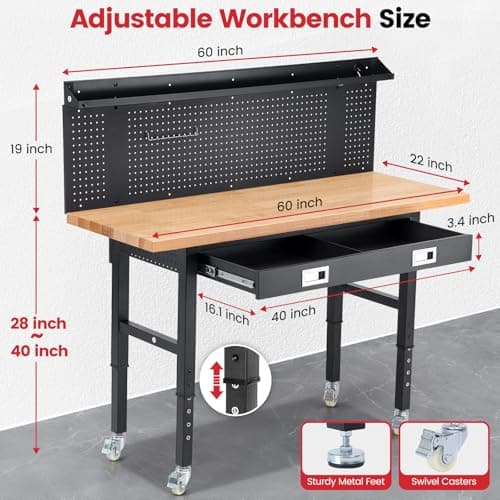 ENJOYWOOD 60" x 22'' Garage Workbench with Wheels Adjustable Height Rubberwood Work Table with Drawers, Pegboard, Power Outlets & LED Light Heavy Duty Rolling Workbench for Workshop & Home 7
