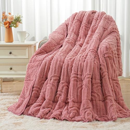 Wemore Jacquard Fleece Weighted Blanket Queen Size 60" x 80" 15lbs, Ultra Soft Cozy Sherpa Weighted Blankets for Adults, Ultra Fuzzy Heavy Blanket for Sleep, Fluffy Warm Throw for Bed, Apricot Pink