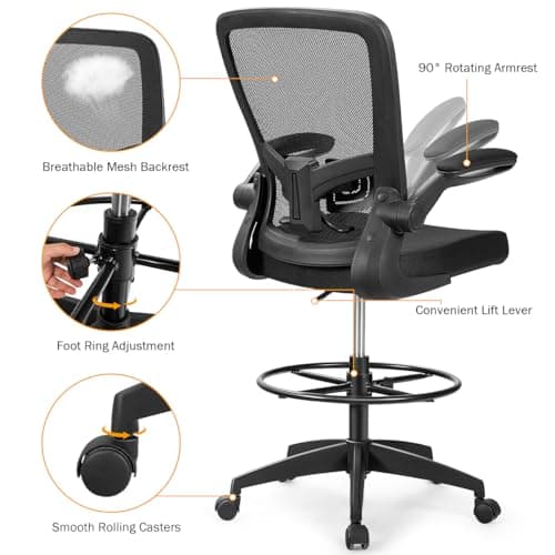 Giantex Drafting Chair High Back Office Chairs with Footrest Ring Flip-Up Armrest Height Adjustable Executive Desk Chair Ergonomic Mesh Computer Task Chair Lumbar Support Tall Office Chair (1, Black) 8