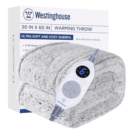 Westinghouse Electric Blanket Throw Size, Soft Plush Sherpa Heated Blanket with 6 Heating Levels & 2-10 Hours Auto-Off, Machine Washable, 50x60 inches, Grey