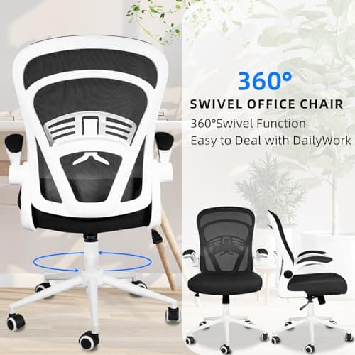 Ollega Computer Desk Chair with Wheels, Mesh Office Chair with Flip Up Arms, Adjustable Lumbar Support, Swivel Desk Chair Comfy, White 8