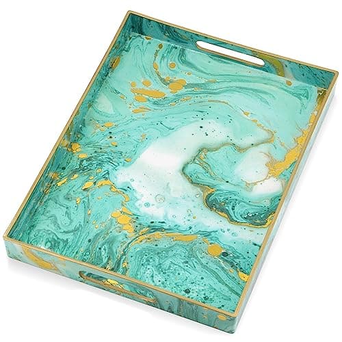 Cadroger Living Room Coffee Table Tray, Delicate Serving Tray with Handles, Modern Marbling Plastic Ottoman Tray, Kitchen, Bathroom Decorative Tray, 15.75" x 11.8"
