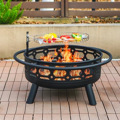 Florise 36 Inch Fire Pit, Outdoor Wood Burning Firepit with Removable Grill & Poker, Heavy Duty Metal Round Fireplace,2 in 1 Large Bonfire for Outside,BBQ,Yard,Patio