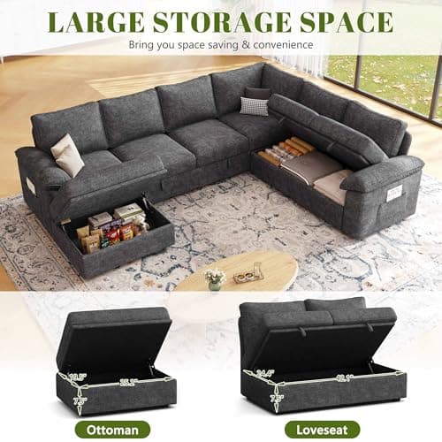 SUAWY 108 Inch Sectional Sleeper Sofa with Pull Out Bed, U Shaped 7 Seat Modular Sectional Sofa with Storage, Sectional Couches for Living Room, Cloud Modular Couch,Removable Sofa Cover, Dark Grey 6