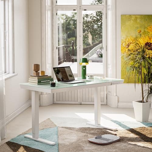 FEZIBO 48 × 24 Electric Standing Desk with Drawers, Whole-Piece Glass Adjustable Height Desk, One-Piece Quick Install Adjustable Sit Stand Desk, White 8