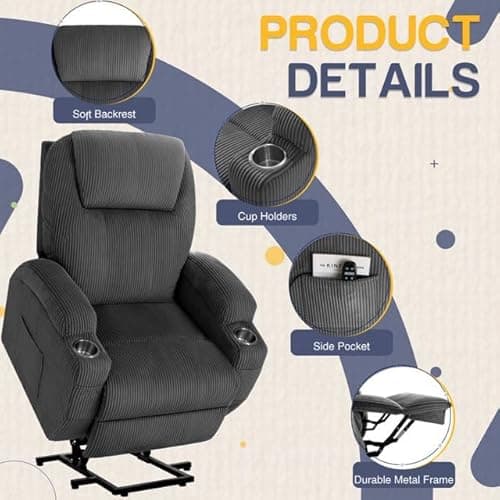 Furmax Electric Power Lift Recliner Chair with Massage for Elderly Corduroy Fabric Recliner Single Sofa with Cup Holders, Side Pockets and Remote Control for Living Room Bedroom (Gray) 5