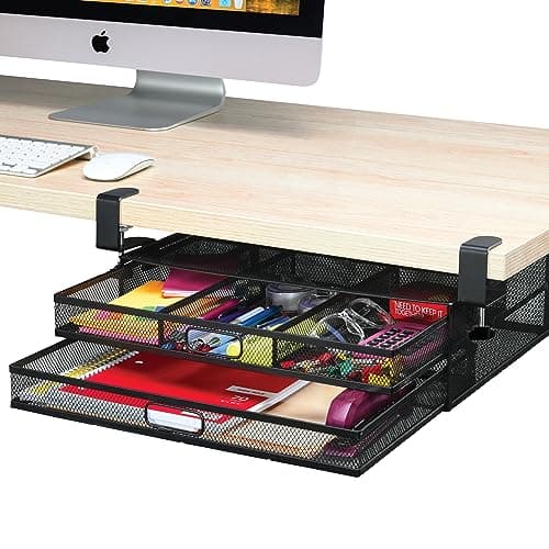 Homeify Under Desk Drawer Organizer Clamp-On, Mesh Metal Drawer Attachment, 2 Drawer Slide Out, On Or Under Desk Organizer For Office Supplies & Home Essentials (2 Drawers)