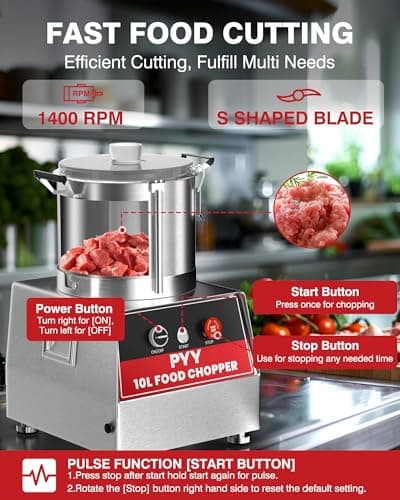 PYY Commercial Food Processor - Electric Stainless Steel 42 Cup Vegetable Chopper 10.6 Qt. Plus for Meat Fruit Prep, 1400RPM High Output Large Capacity for Restaurants & Home Kitchen 10 Liter 7