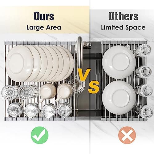 Tomorotec 17.7" x 15.5" Roll Up Dish Drying Rack Over Sink Drying Rack Sink Cover Kitchen Sink Accessories Gadget Multipurpose Organizer Foldable Stainless Steel Drainer (Grey) 6
