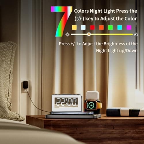 YEAPOWER Wireless Fast Charging Station - 7 in 1 Alarm Clock with Wireless Charger Stand - Charging Dock for Apple,for Samsung Galaxy Multiple Devices - for iPhone Watch,for Airpods (Black) 6