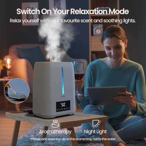 Chooone 6L Top Fill Ultrasonic Humidifier - Cool and Warm Mist for Bedroom, Baby, Large Rooms & Plants, Smart Humidity Control, Aroma Diffuser, Night Light, 12H Timer, Quiet, White 6