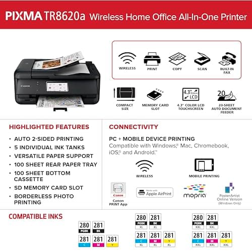 Canon PIXMA TR8620a - All-in-One Printer Home Office|Copier|Scanner|Fax|Auto Document Feeder | Photo, Document | Airprint (R), Android, Black, Works with Alexa 6