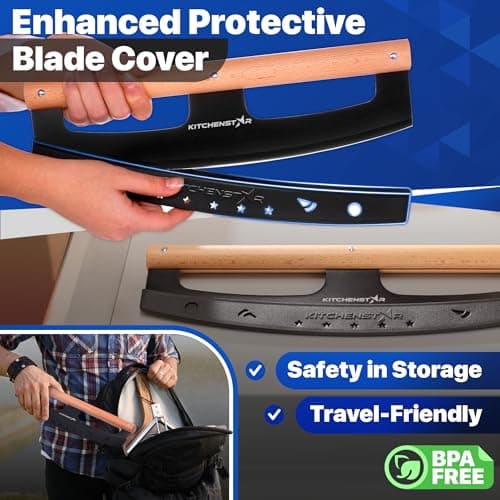 KitchenStar 16-Inch Pizza Cutter Rocker Blade - Razor Sharp Stainless Steel Slicer Knife, Stylish Beech Wood Handle, Protective Cover - Professional Pizza Oven Accessories, Black 5