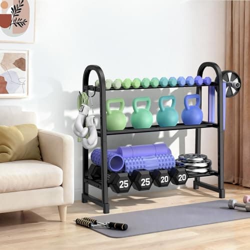 YaDonpe 3 Tier Dumbble Rack - 360LB Capacity Adjustable Dumbbell Storage Rack Space-Saving Home Gym Weight Rack For Dumbbells And Kettlebells With Hooks (Dumbbell Rack Stand Only)（Matte Black （29.96''Length）） 7