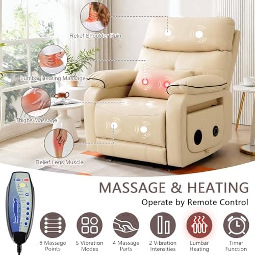 Dual Motor Power Lift Recliner Chair for Adult & Elderly, Infinite Position Lay Flat Lift Chair with Heat & Massage, Cup Holder, Lumbar Pillow, Wireless Charger, USB Ports, Leather (Beige) 5