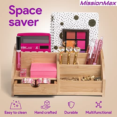 MissionMax Medium Bamboo Caddy Desk Organizer and Storage with Drawer and Compartments for all your Office and Home needs 6