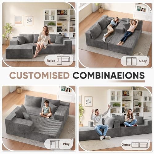 Homall 108" Modular Sectional Sofa, Boneless Couch with L-Shape Chaise, Cloud Couch with Deep Seat Upholstered, No Assembly Required for Living Room, Bedroom (Corduroy, Grey) 8