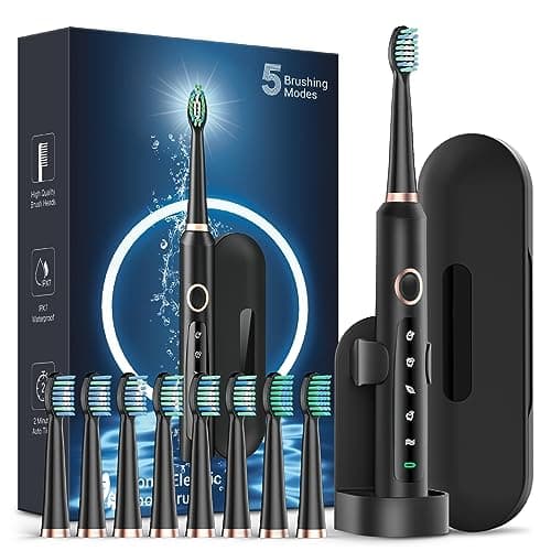 Sonic Electric Toothbrush for Adults - Rechargeable Electric Toothbrush with 8 Brush Heads & Travel Case,Teeth Whitening, Power Electric Toothbrush with Holder, 3Hours Charge for 120 Days - Black