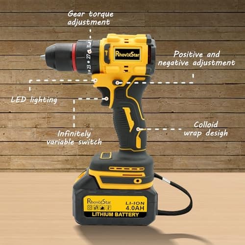 RhovixStar Electric Drill Set with Battery and Charger, Power Drill Tool Set 20V, 3/8-Inch Keyless Chuck, Variable Speed 7