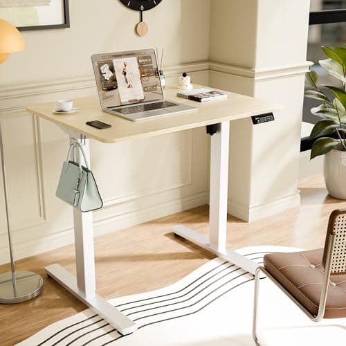 ERGOMAKER Electric Standing Desk, 31.5" x 23.6" Height Adjustable Sit Stand Desk with Splice Board for Home Office, Computer Desk Memory Preset (White Frame, Gold Oak Desktop) 2