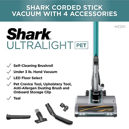 Shark HZ251 Ultralight Corded Stick Self-Cleaning Brushroll, Perfect, Converts to Hand Vacuum, LED Headlights, - Pet Crevice & Upholstery Tools, Teal.32 Quarts Capacity 7