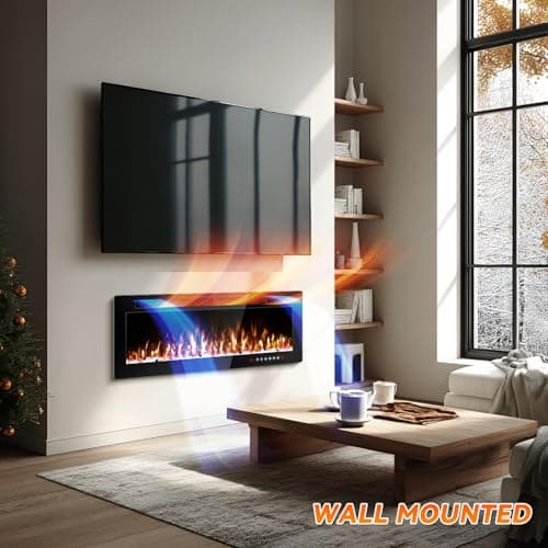 Tornivk 50 Inch Electric Fireplace Inserts Ultra-Thin 750/1500W Linear Electric Fireplace Heater Wall Mounted or Recessed Fireplace Electric with Adjustable Multicolor Flame,Timer 5