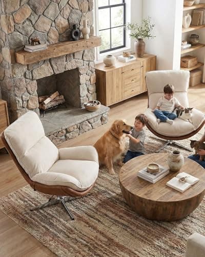 LukeAlon Linen Swivel Lounge Chair, Upholstered High Back Accent Chair with Metal Base Armelss Comfy Modern Recliner Chair for Living Room Office, Beige 6