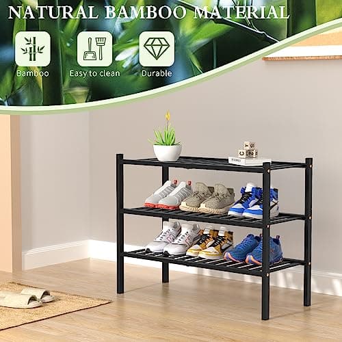 ROMGUAR CRAFT 3 Tier Bamboo Shoe Rack for Closet Free Standing Wood Shoe Shelf Storage Organizer for Entryway Small Space Stackable 27"x11"x20" (Black) 6