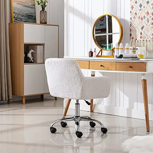 KCC Faux Fur Vanity Makeup Desk Chair, Comfy Fluffy Swivel Modern Leisure Armchair with Wheels, Upholstered Fuzzy Height Adjustable for Teens Women Girls Elegant Home Office 9