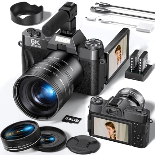 FLATIC Cameras for Photography, 6K 64MP Digital Camera with WiFi & Microphone, 16X Zoom Vlogging Camera with 180°Flip Screen, 64GB Card, 2 Batteries, Macro & Wide-Angle Lens, Card Reader