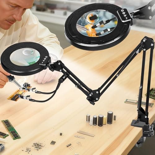 KUVRS Long 3-Section Swing Arm 30X&12X Magnifying Glass with Light and Stand, 5 Colors Helping Hands Magnifying Lamp, 4-Way Large Metal Clamp LED Lighted Magnifier Lamp for Craft Workbench Repair