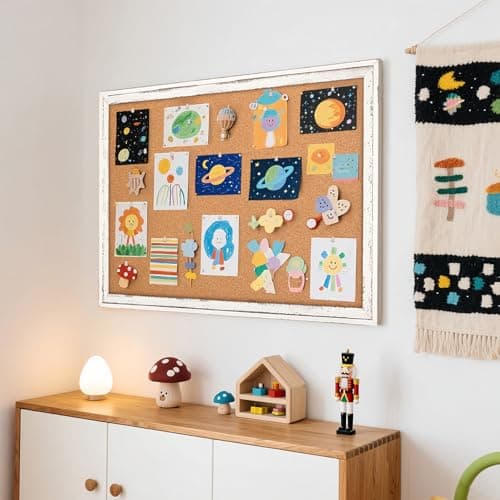 QUEENLINK Cork Board Bulletin Board, 36" x 24" Corkboard for Wall, Rustic White Wooden Frame, Hanging Pin Board for Home & Office Decor, 10 Push Pins 8