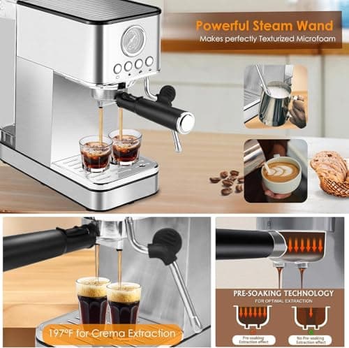 Espresso Machine Coffee Makers 20 Bar, Stainless Steel Espresso Machine with Milk Frother/Steam Wand for Espresso, Latte and Cappuccino - Premium Home Coffee Maker for Barista Quality Drinks 7