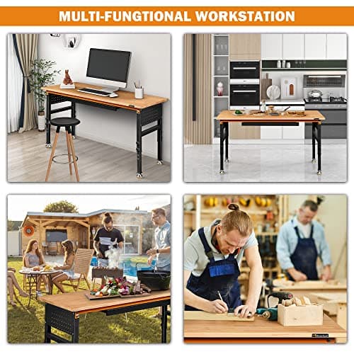 Betterhood 60" Heavy-Duty Adjustable Workbench for Garage, Rubber Wood Shop Table W/Double Pegboards & Drawer,Hardwood Workstation Weight Capacity Over 2000 Lbs 7